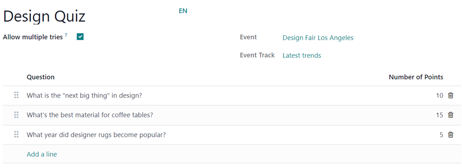 The Add Quiz page in the erpsys Events application for an event track.