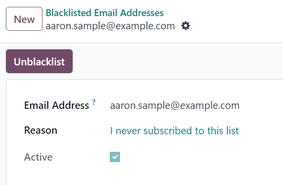 View of a blacklisted contact detail form in erpsys Email Marketing.
