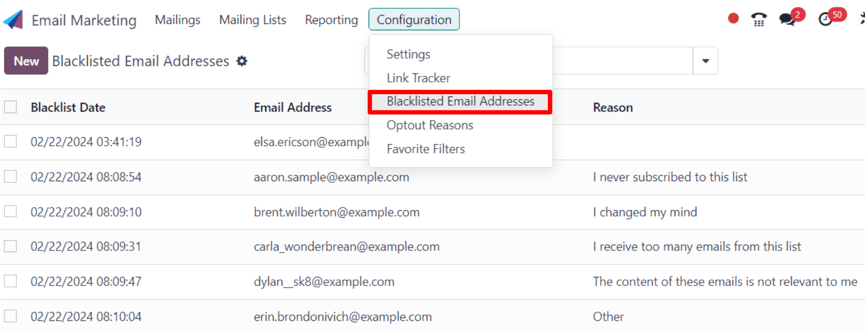 View of the blacklisted email addresses page in erpsys Email Marketing.