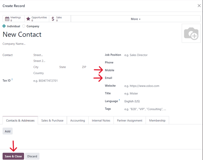 A blank contact form from a launch test pop-up window in erpsys Marketing Automation.