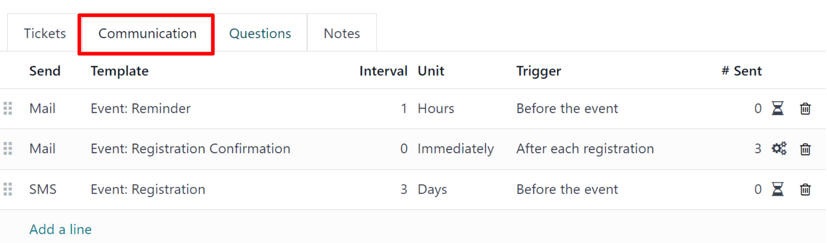 Typical communication tab on an event form in the erpsys Events application.