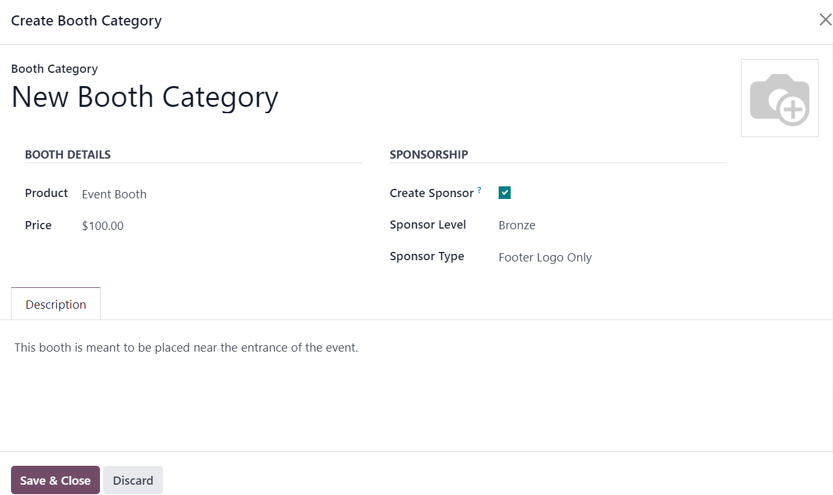 The Create Booth Category pop-up window in the erpsys Events application.