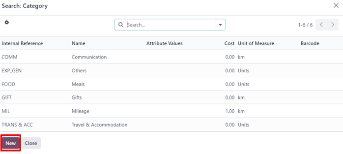 The Search:Category expenses pop-up window from a blank expenses form in erpsys Expenses.
