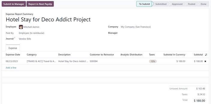 An expense report summary in the erpsys Expenses application.
