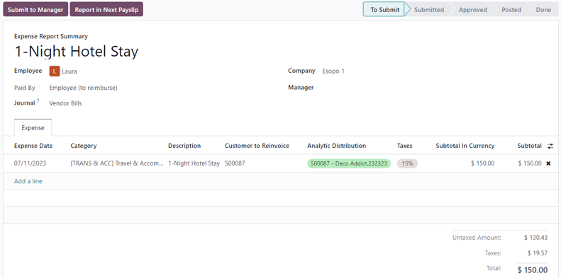 How an Expense Report Summary looks in erpsys Expenses.