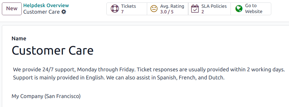 View of the settings page of a helpdesk team emphasizing the Go to Website button in erpsys Helpdesk.