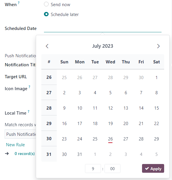 Schedule date pop-up window that appears on social media post detail form in erpsys.