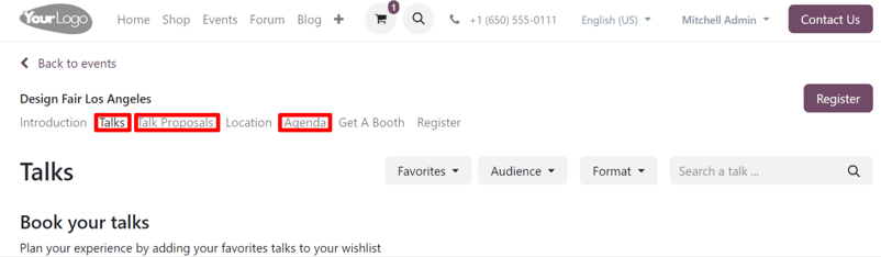 The track-related event submenu options on an event website built with erpsys Events.